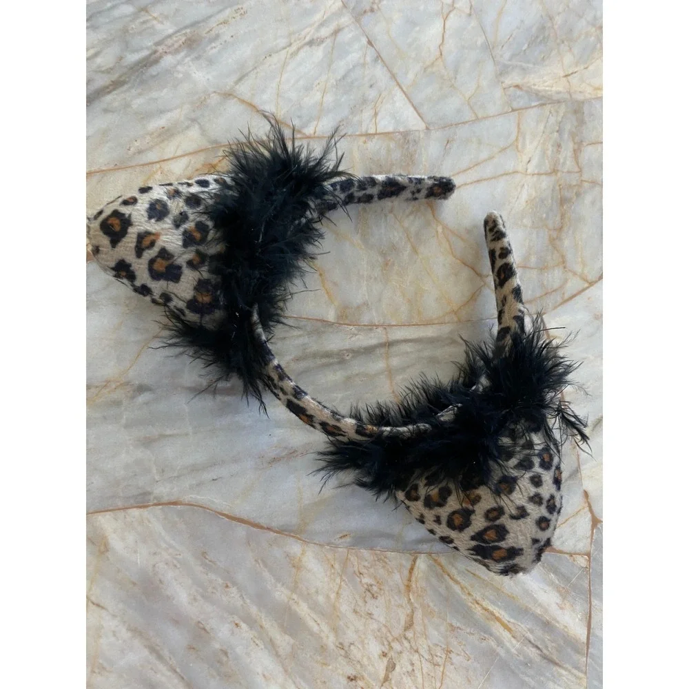 Leopard Print Cat Ear Headband with Black Marabou Feather Trim Costume Accessory